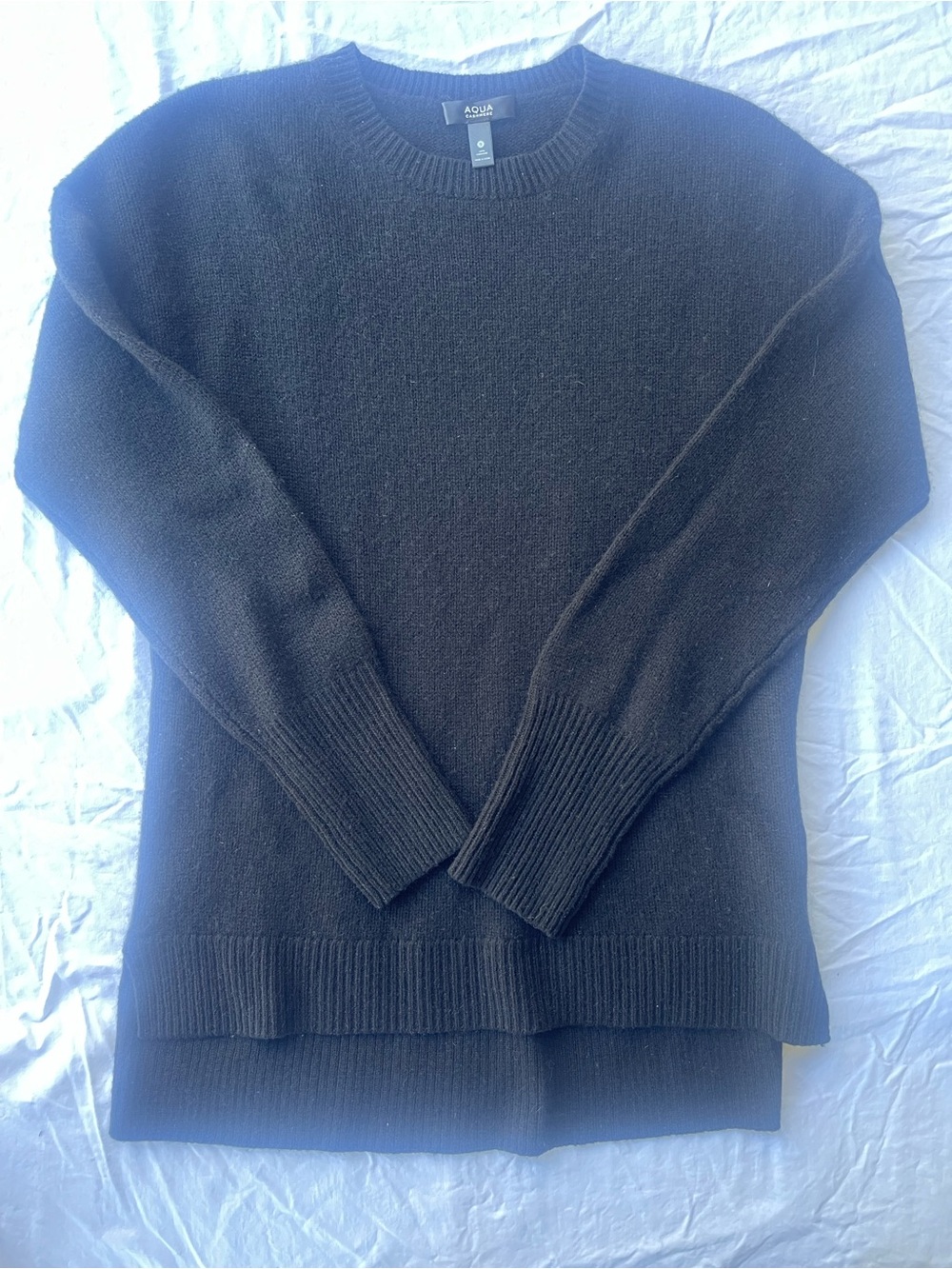 AQUA Cashmere Black Crewneck Sweater High Low Hem 100% Cashmere Small
